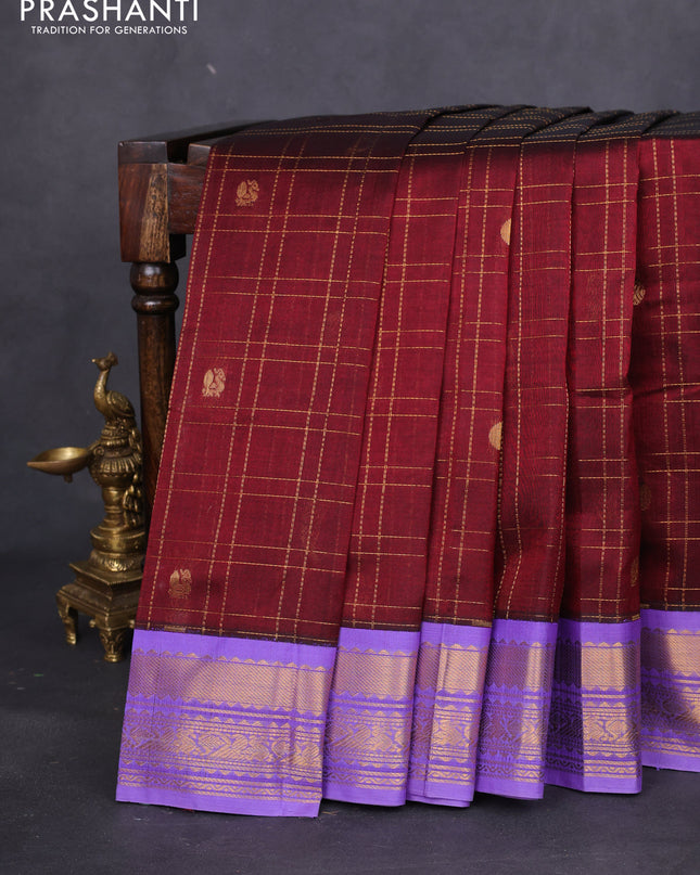 Silk cotton saree maroon and lavender with allover zari checks & buttas and zari woven korvai border