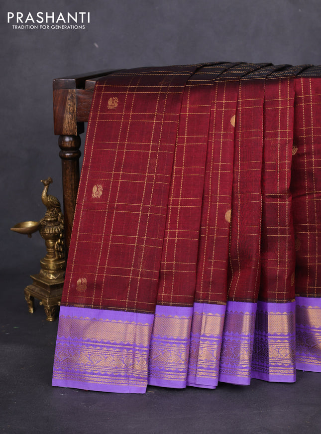 Silk cotton saree maroon and lavender with allover zari checks & buttas and zari woven korvai border