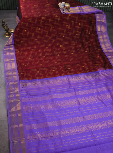 Silk cotton saree maroon and lavender with allover zari checks & buttas and zari woven korvai border