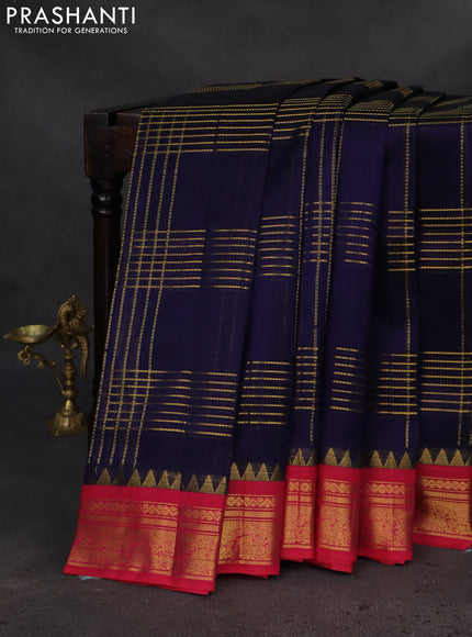 Silk cotton saree dark blue and pink with allover zari checked pattern and zari woven korvai border
