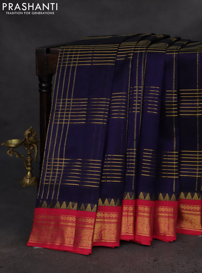 Silk cotton saree dark blue and pink with allover zari checked pattern and zari woven korvai border