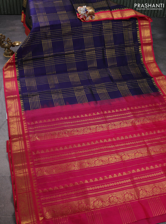 Silk cotton saree dark blue and pink with allover zari checked pattern and zari woven korvai border