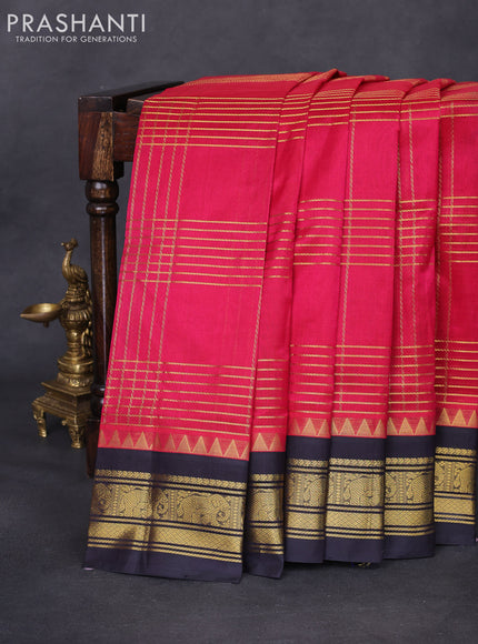 Silk cotton saree dark pink and deep jamun with allover zari checked pattern and zari woven korvai border