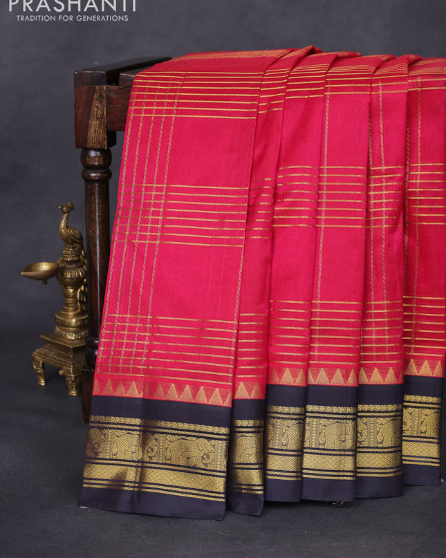 Silk cotton saree dark pink and deep jamun with allover zari checked pattern and zari woven korvai border