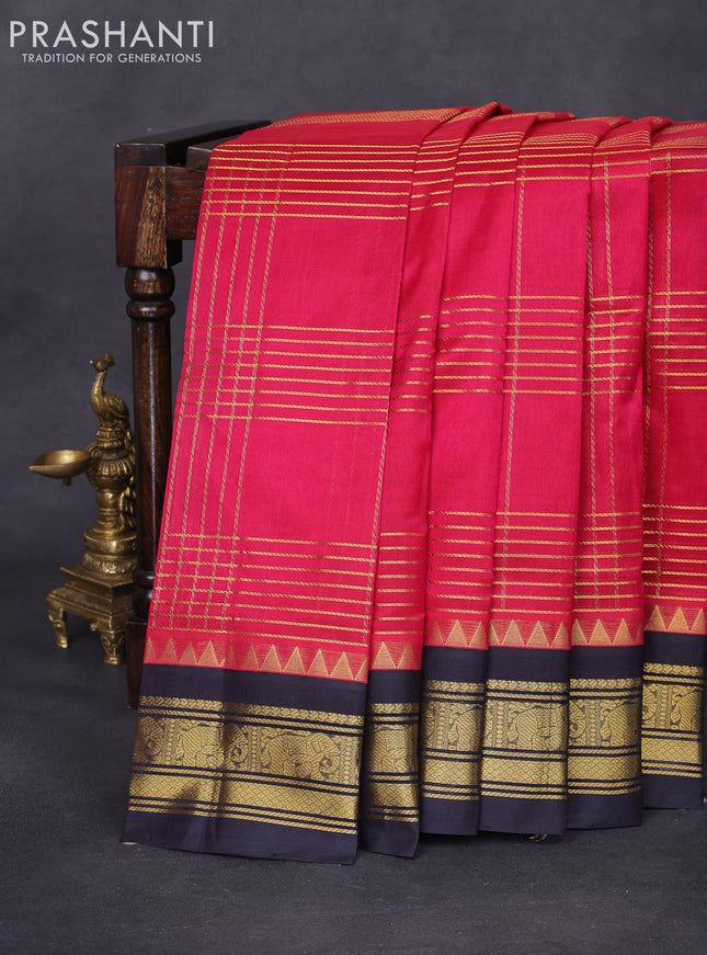 Silk cotton saree dark pink and deep jamun with allover zari checked pattern and zari woven korvai border