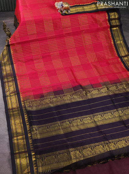 Silk cotton saree dark pink and deep jamun with allover zari checked pattern and zari woven korvai border