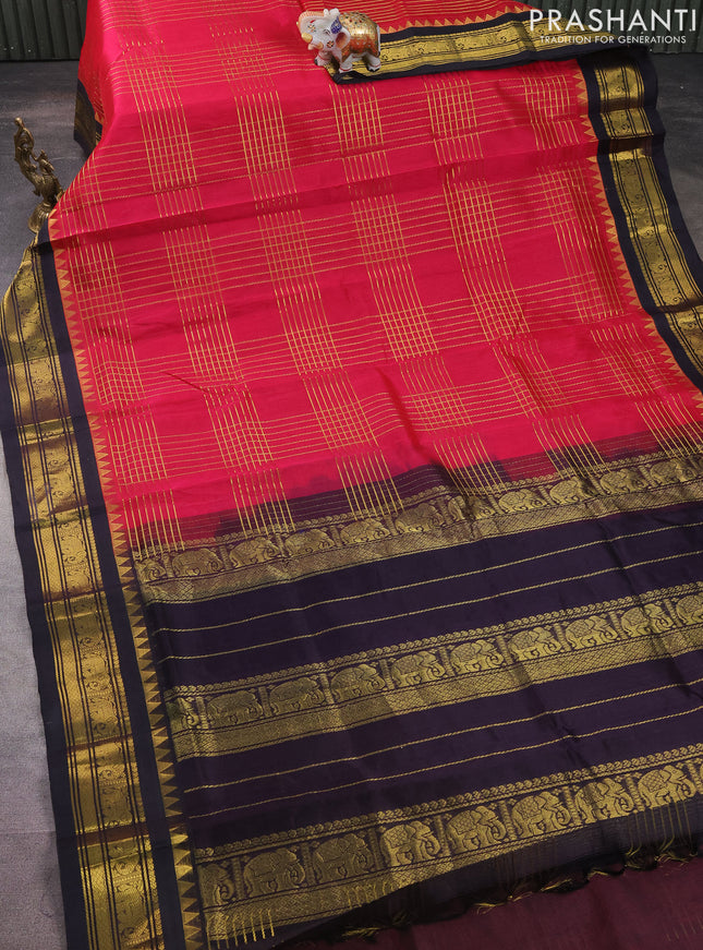 Silk cotton saree dark pink and deep jamun with allover zari checked pattern and zari woven korvai border