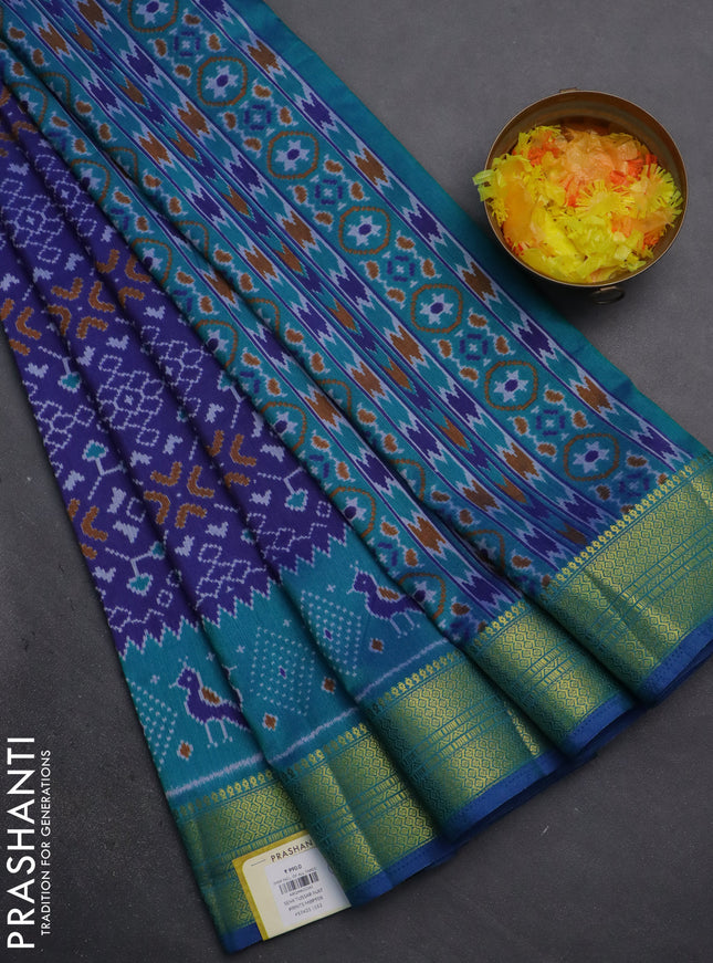 Semi tussar saree blue and dual shade of blue with allover ikat prints and zari woven border