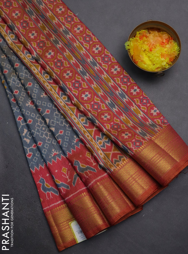 Semi tussar saree dual shade of bluish grey and dual shade of pink with allover ikat prints and zari woven border