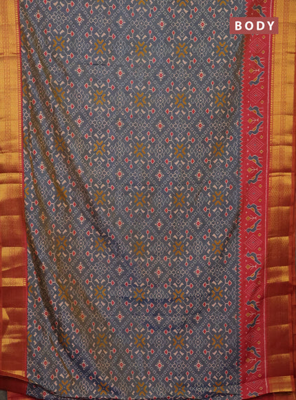 Semi tussar saree dual shade of bluish grey and dual shade of pink with allover ikat prints and zari woven border