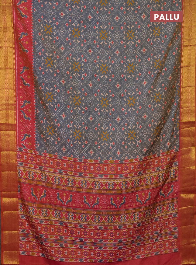 Semi tussar saree dual shade of bluish grey and dual shade of pink with allover ikat prints and zari woven border