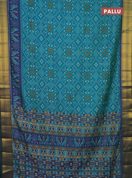 Semi tussar saree teal blue and dual shade of blue with allover ikat prints and zari woven border