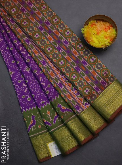 Semi tussar saree purple and dual shade of green with allover ikat prints and zari woven border