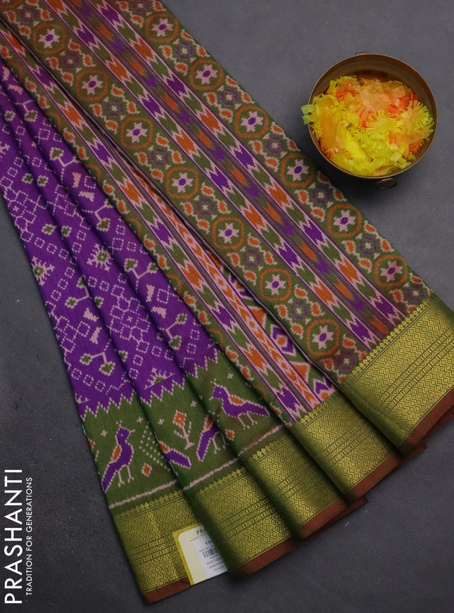 Semi tussar saree purple and dual shade of green with allover ikat prints and zari woven border