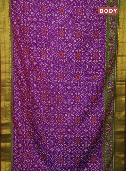 Semi tussar saree purple and dual shade of green with allover ikat prints and zari woven border