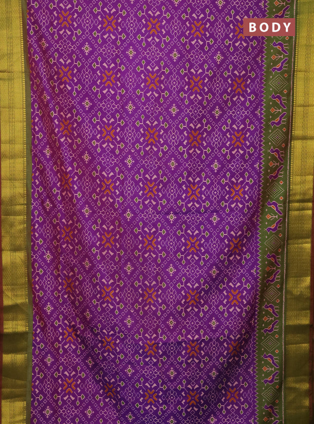 Semi tussar saree purple and dual shade of green with allover ikat prints and zari woven border