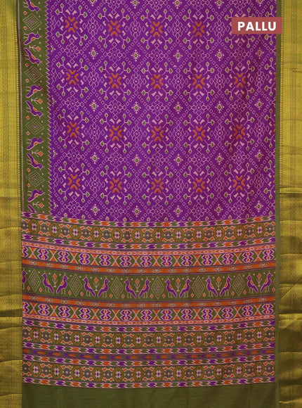 Semi tussar saree purple and dual shade of green with allover ikat prints and zari woven border