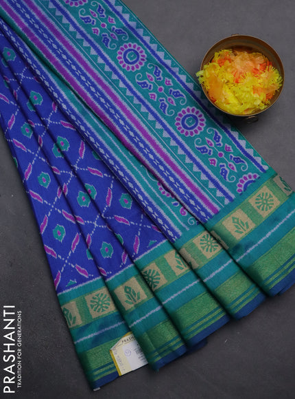 Semi tussar saree blue and teal bluish green with allover ikat prints and zari woven border