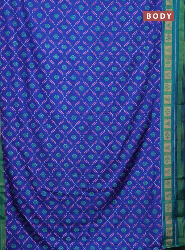 Semi tussar saree blue and teal bluish green with allover ikat prints and zari woven border