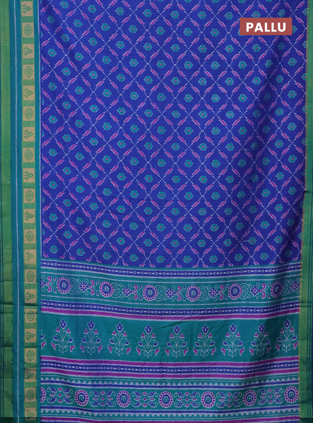 Semi tussar saree blue and teal bluish green with allover ikat prints and zari woven border