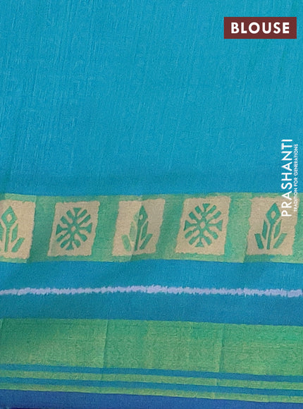 Semi tussar saree blue and teal bluish green with allover ikat prints and zari woven border