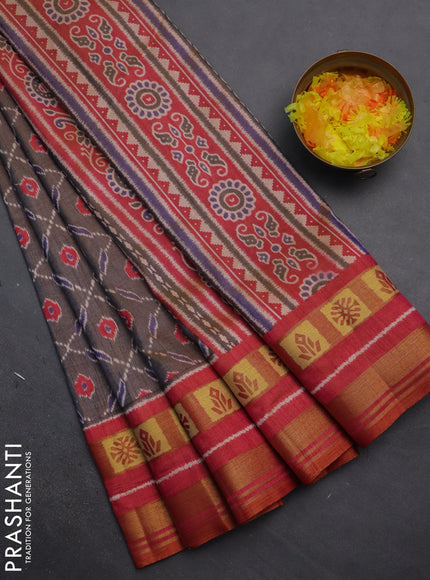 Semi tussar saree dual shade of grey and rust shade with allover ikat prints and zari woven border