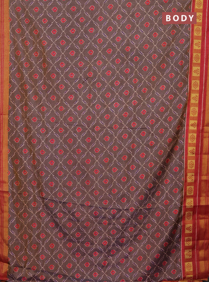 Semi tussar saree dual shade of grey and rust shade with allover ikat prints and zari woven border