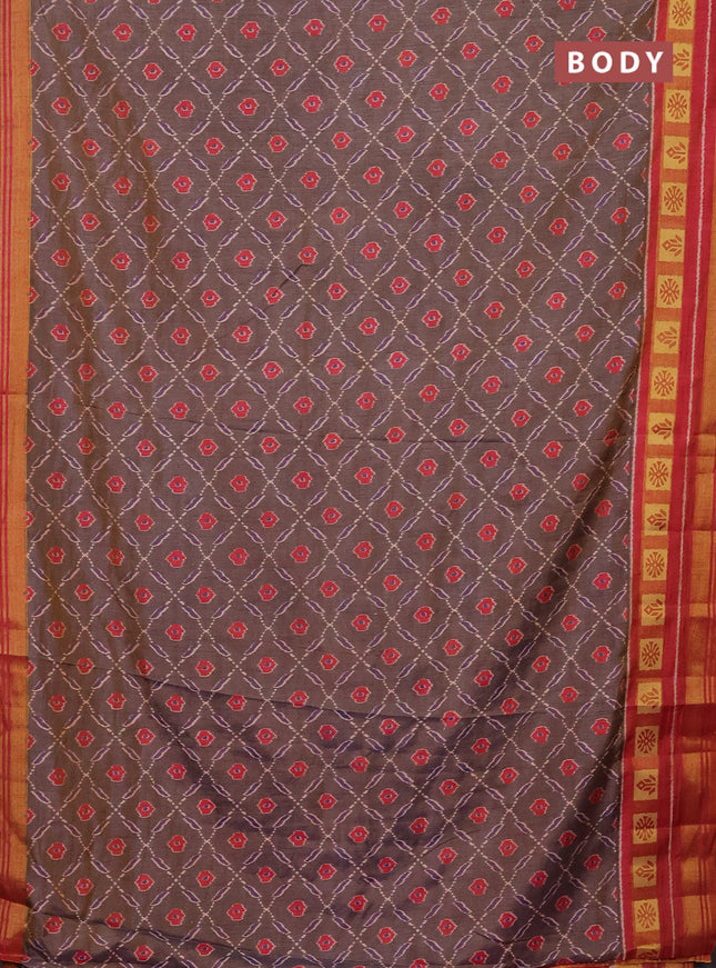 Semi tussar saree dual shade of grey and rust shade with allover ikat prints and zari woven border