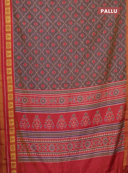 Semi tussar saree dual shade of grey and rust shade with allover ikat prints and zari woven border