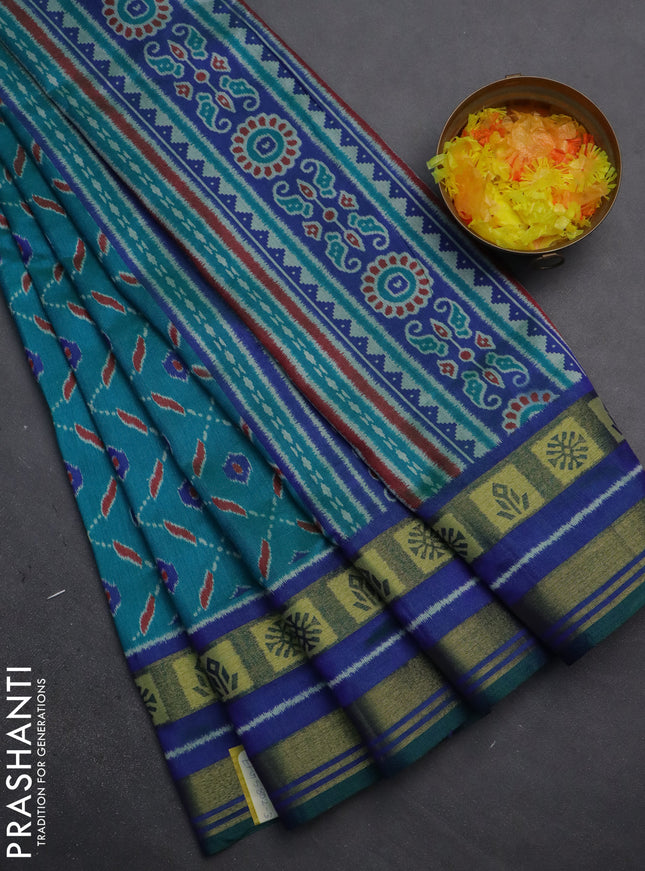 Semi tussar saree teal blue and blue with allover ikat prints and zari woven border
