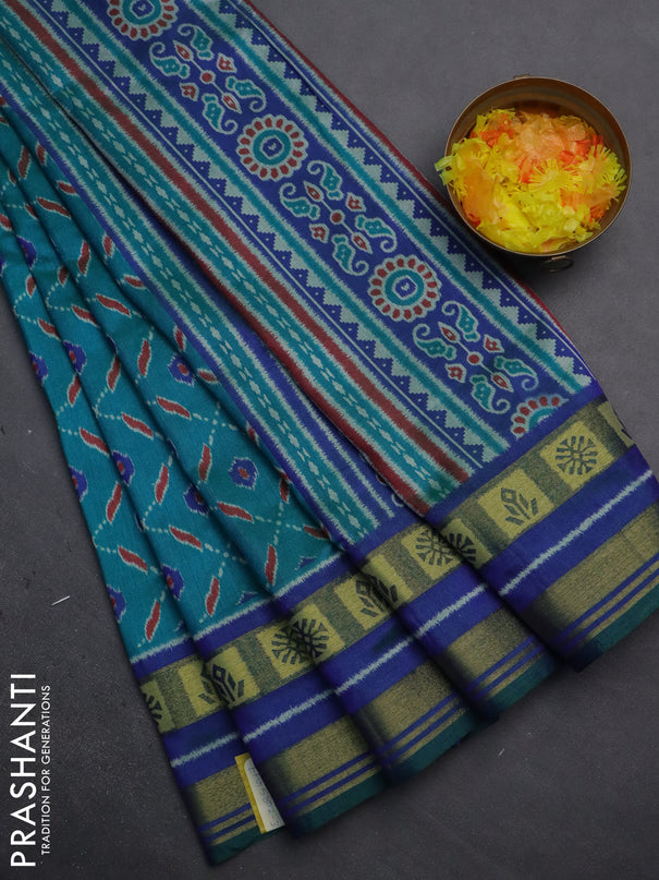 Semi tussar saree teal blue and blue with allover ikat prints and zari woven border