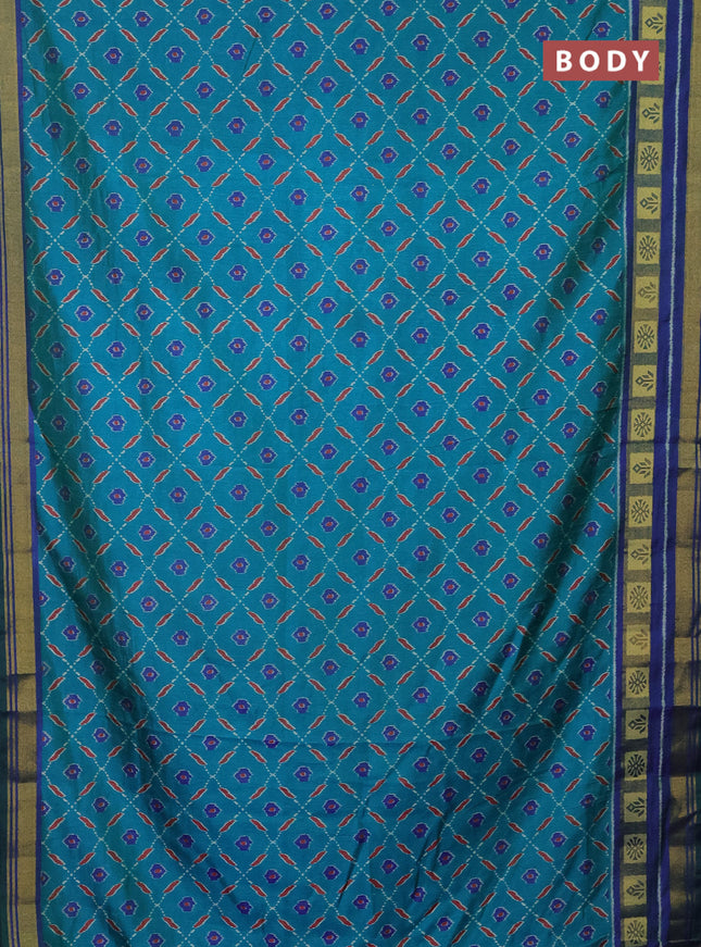 Semi tussar saree teal blue and blue with allover ikat prints and zari woven border