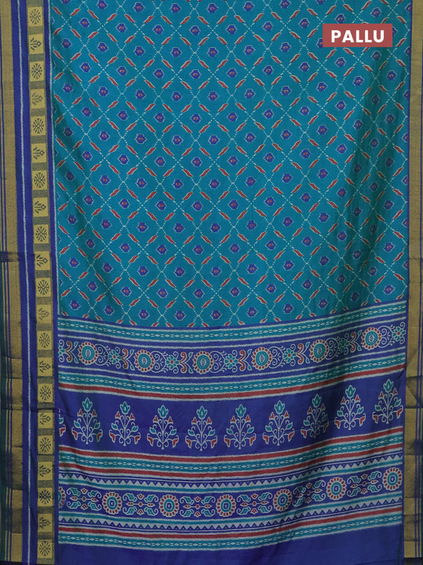 Semi tussar saree teal blue and blue with allover ikat prints and zari woven border