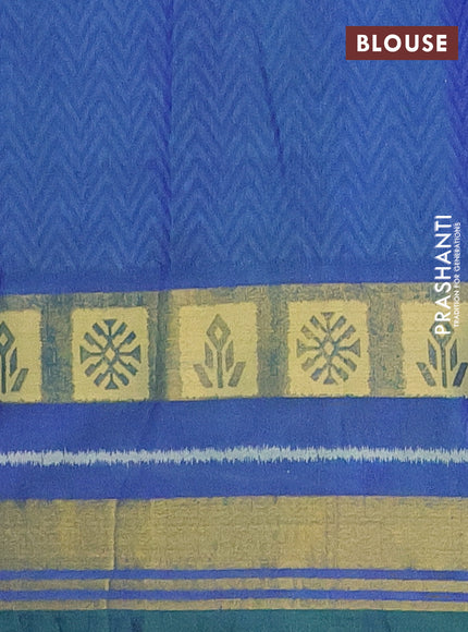 Semi tussar saree teal blue and blue with allover ikat prints and zari woven border