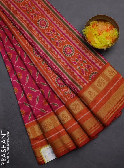 Semi tussar saree pink and rust shade with allover ikat prints and zari woven border
