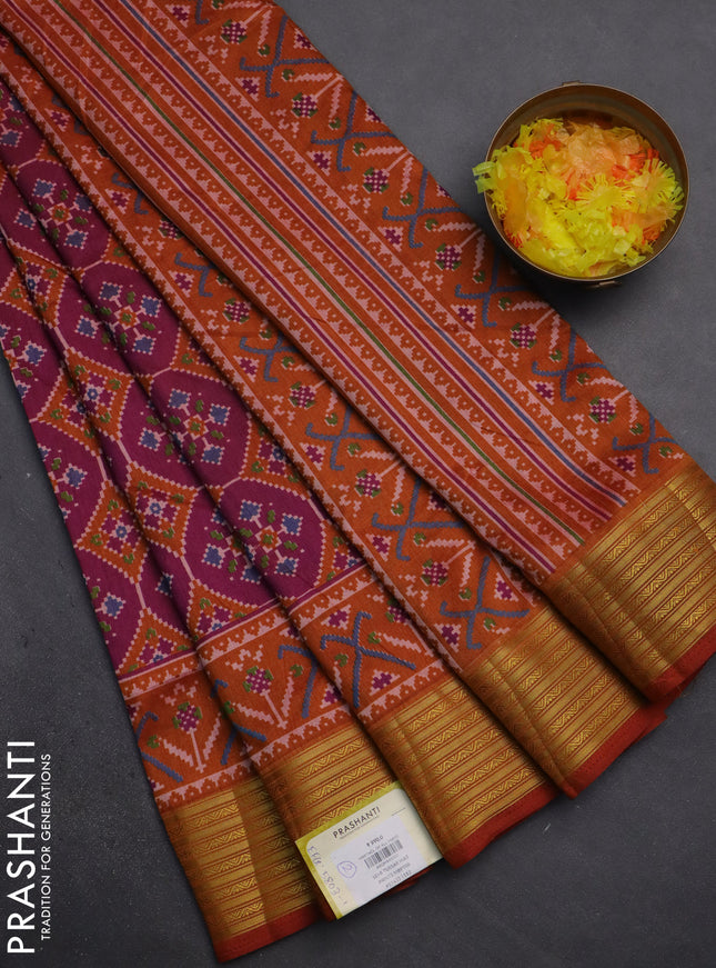 Semi tussar saree magenta pink and rust shade with allover ikat prints and zari woven border
