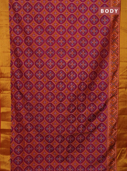 Semi tussar saree magenta pink and rust shade with allover ikat prints and zari woven border