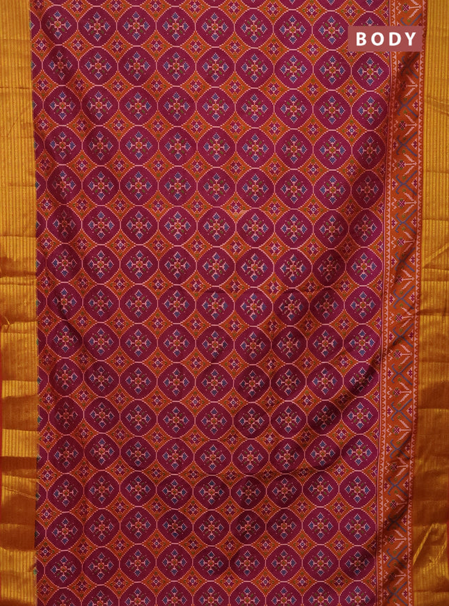 Semi tussar saree magenta pink and rust shade with allover ikat prints and zari woven border