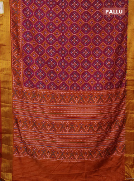 Semi tussar saree magenta pink and rust shade with allover ikat prints and zari woven border