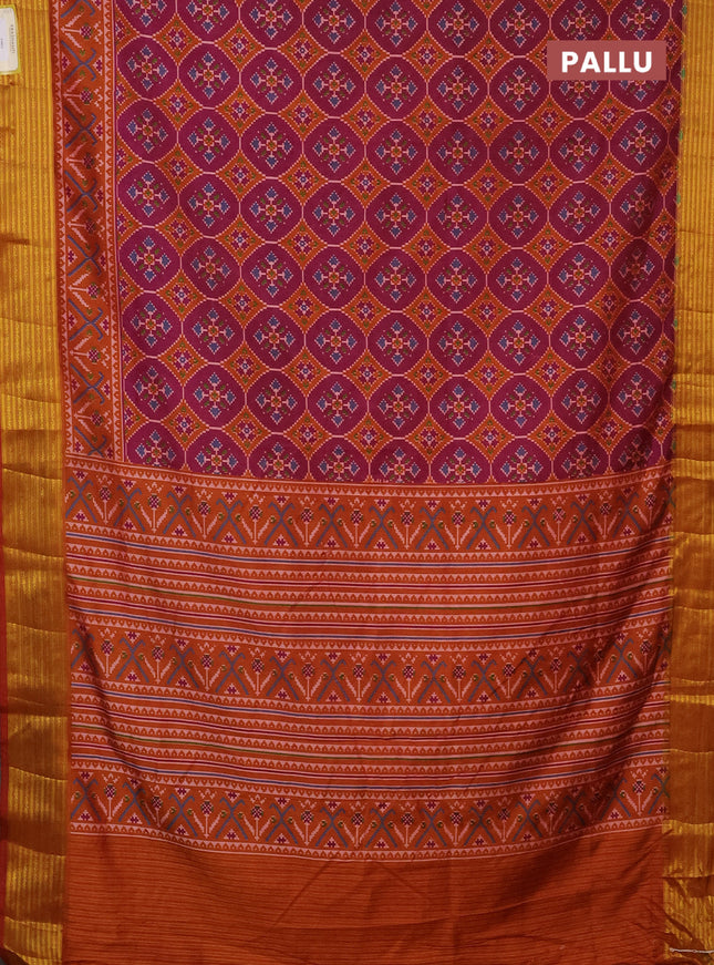 Semi tussar saree magenta pink and rust shade with allover ikat prints and zari woven border