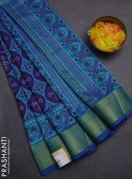 Semi tussar saree dark blue and teal blue with allover ikat prints and zari woven border