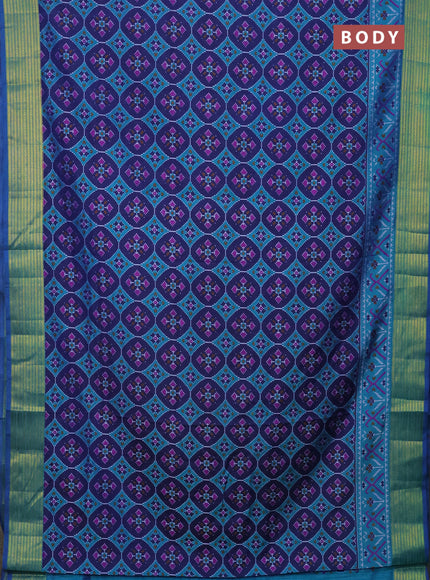 Semi tussar saree dark blue and teal blue with allover ikat prints and zari woven border