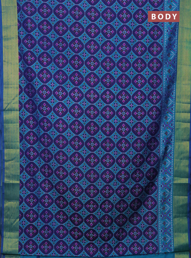 Semi tussar saree dark blue and teal blue with allover ikat prints and zari woven border