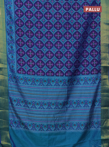 Semi tussar saree dark blue and teal blue with allover ikat prints and zari woven border