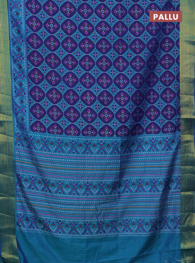 Semi tussar saree dark blue and teal blue with allover ikat prints and zari woven border