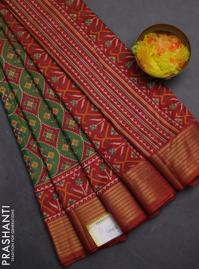 Semi tussar saree green and rust shade with allover ikat prints and zari woven border