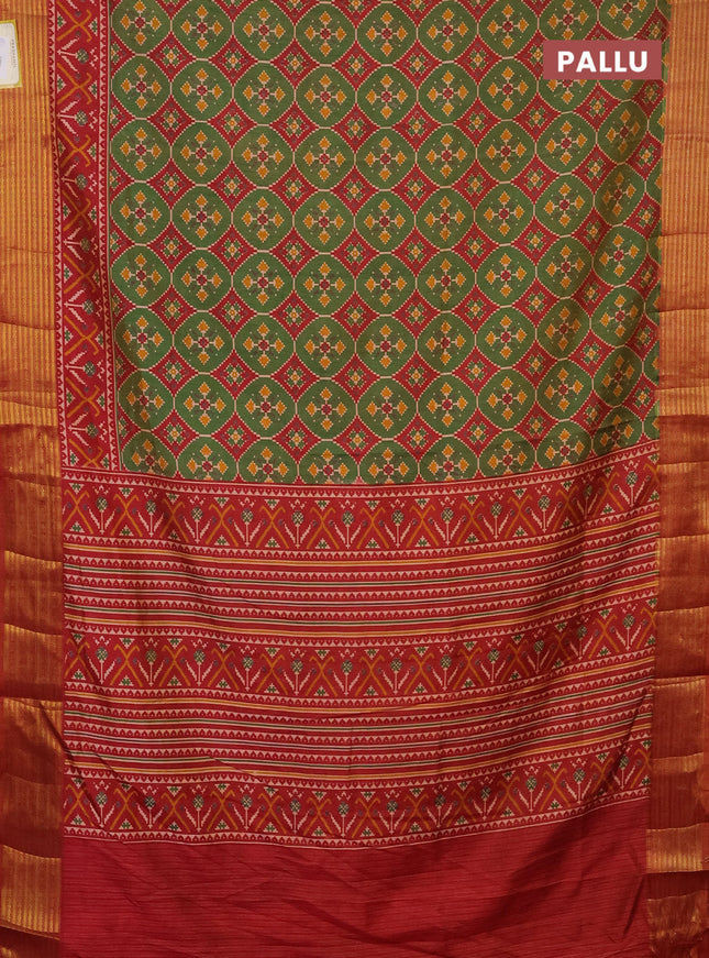 Semi tussar saree green and rust shade with allover ikat prints and zari woven border