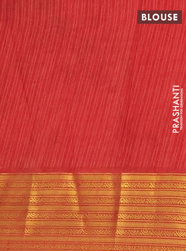 Semi tussar saree green and rust shade with allover ikat prints and zari woven border