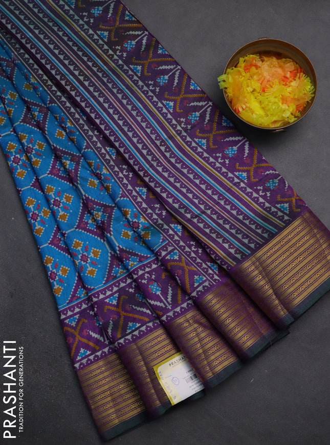 Semi tussar saree cs blue and purple with allover ikat prints and zari woven border