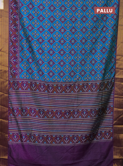 Semi tussar saree cs blue and purple with allover ikat prints and zari woven border
